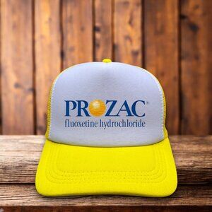 Prozac Fluoxetine Hydrochloride Mens Trucker Hat Yellow Anti-Anxiety Novelty Cap
